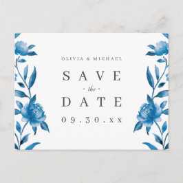 Blau-Weiß-Aquarellblumen Save the Date Ankündigungspostkarte