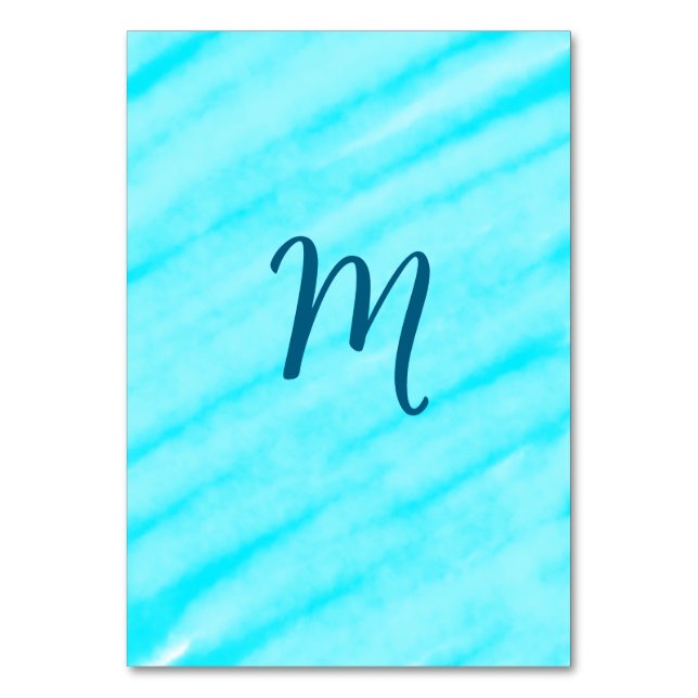 Blau-Weiß-Aquarelllinien fügen Ihr Monogramm hinzu Tischnummer (Vorderseite)