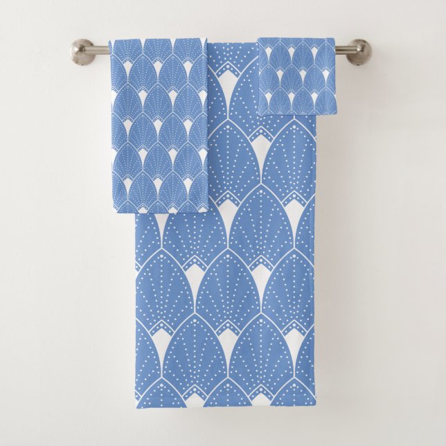 Blau-Weiß-Art-Deco-Muster 2 Badhandtuch Set (Insitu)