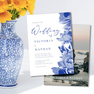 Blau & Weiß Blumen mit Foto Chinoiserie Hochzeit Einladung