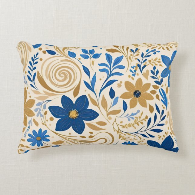 Blau-Weiß-Blumen mit Wirbel Dekokissen (Vorderseite)