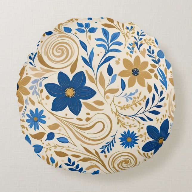 Blau-Weiß-Blumen mit Wirbel Rundes Kissen (Vorderseite)