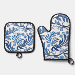 Blau-Weiß-Blumendesign | Chinoiserie Pattern Ofenhandschuh & Topflappen-Set