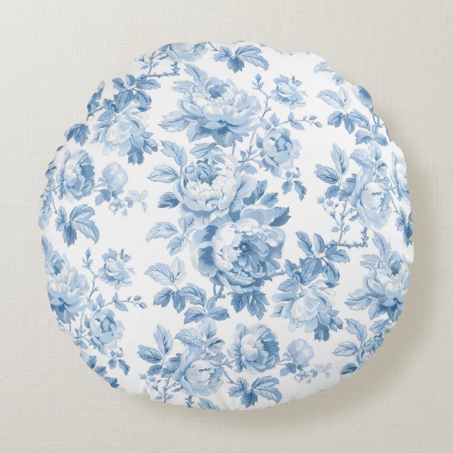 Blau-Weiß-Blumentoilette Rundes Kissen (Vorderseite)