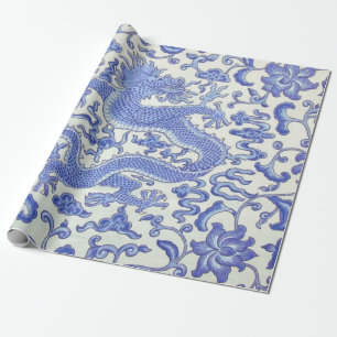 Blau-Weiß-Chinesischer Drache Blumendekoupage Geschenkpapier