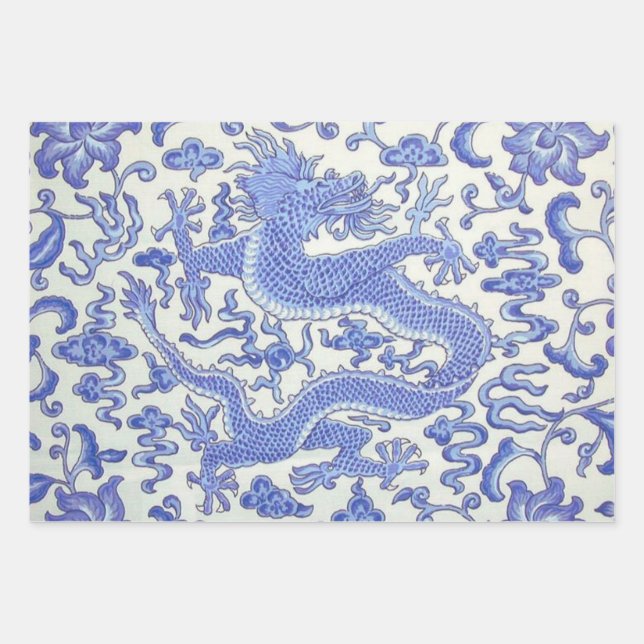 Blau-Weiß-Chinesischer Drache Blumendekoupage Geschenkpapier Set (Vorderseite)