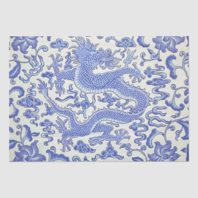 Blau-Weiß-Chinesischer Drache Blumendekoupage Seidenpapier (Vorderseite)