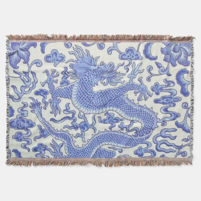 Blau-Weiß-Chinesischer Orientalischer Drache Decke (Vorderseite)