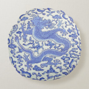 Blau-Weiß-Chinesischer Orientalischer Drache Rundes Kissen