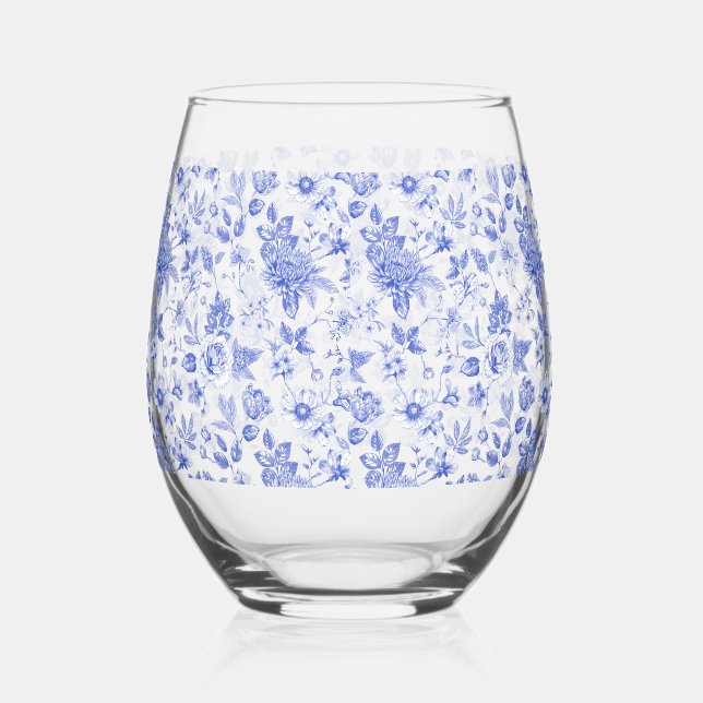 Blau-weiß Chinoiserie Antik Brautparty Weinglas Ohne Stiel (Rechts)