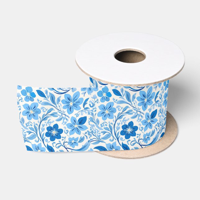 Blau-Weiß Chinoiserie Antikes Blumenmuster Satinband (Spule)