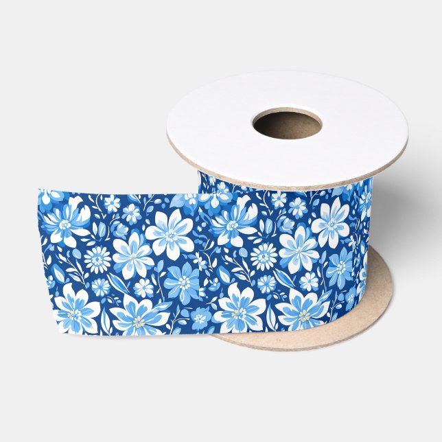Blau-Weiß Chinoiserie Antikes Blumenmuster Satinband (Spule)
