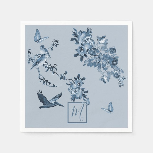 Blau-Weiß Chinoiserie Blumenchor Monogram Serviette (Vorderseite)