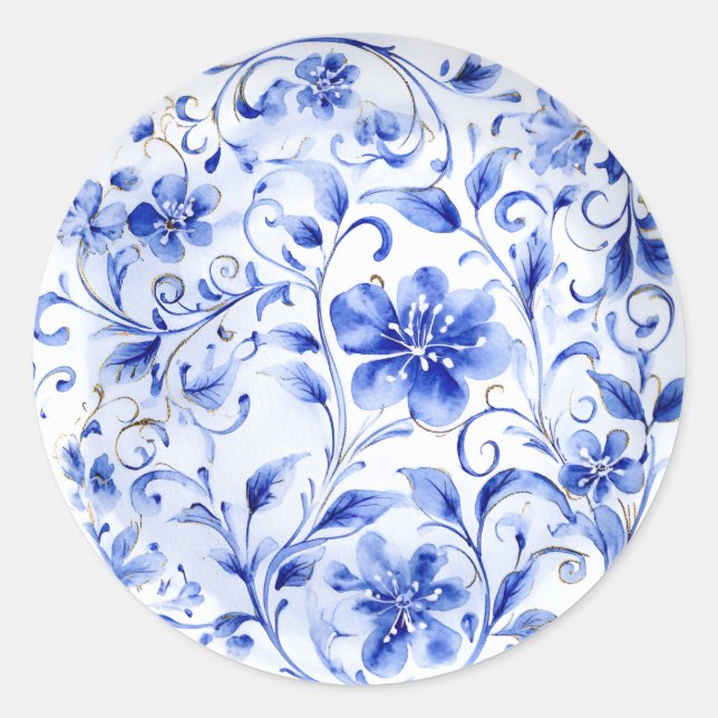 Blau-Weiß Chinoiserie Floral Runder Aufkleber (Vorderseite)