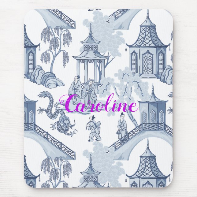 Blau & Weiß Chinoiserie Muster mit Monogramm Mousepad (Vorne)