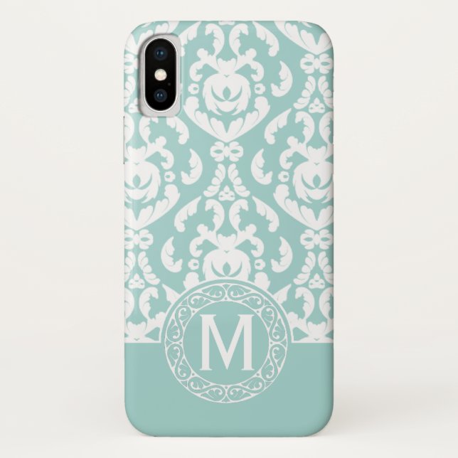 Blau Weiß Damast Monogramm Case-Mate iPhone Hülle (Rückseite)