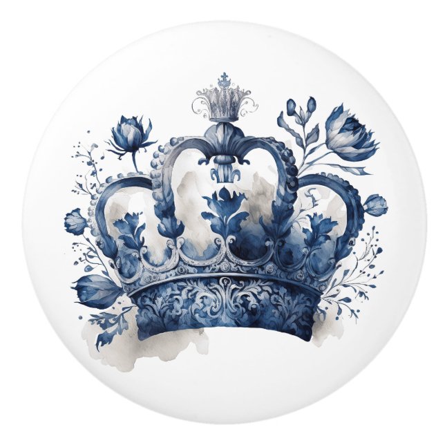 Blau-weiß Delft-Kronen mit Blume Keramikknauf (Vorderseite)