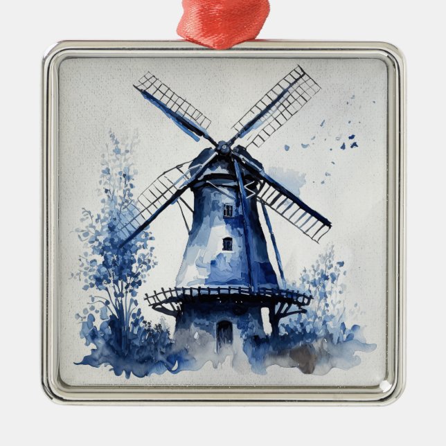 Blau-weiß Delft-Landschaft mit Windmühle Ornament Aus Metall (Vorne)