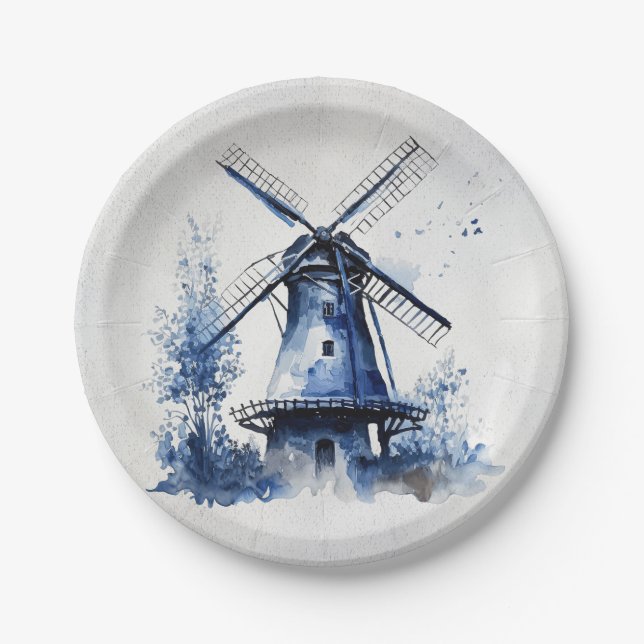 Blau-weiß Delft-Landschaft mit Windmühle Pappteller (Vorderseite)
