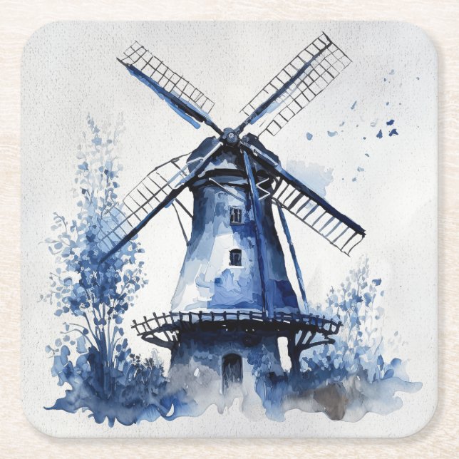 Blau-weiß Delft-Landschaft mit Windmühle Rechteckiger Pappuntersetzer (Vorderseite)