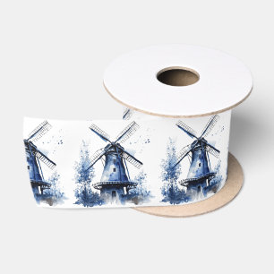 Blau-weiß Delft-Landschaft mit Windmühle Satinband