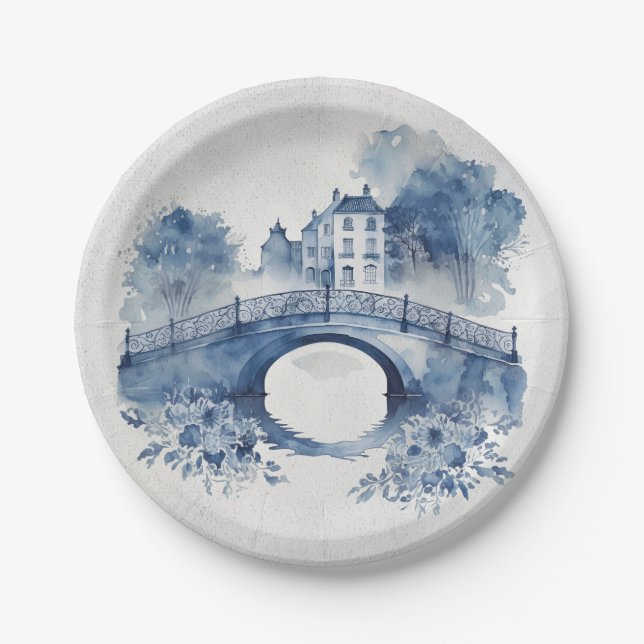 Blau-Weiß-Delft-Landschaft Pappteller (Vorderseite)