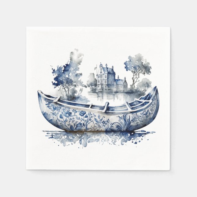 Blau-weiß Delft-Schiff mit Dorfszene Serviette (Vorderseite)