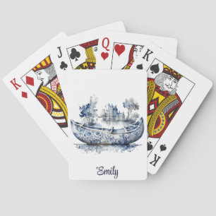 Blau-weiß Delft-Schiff mit Dorfszene Spielkarten