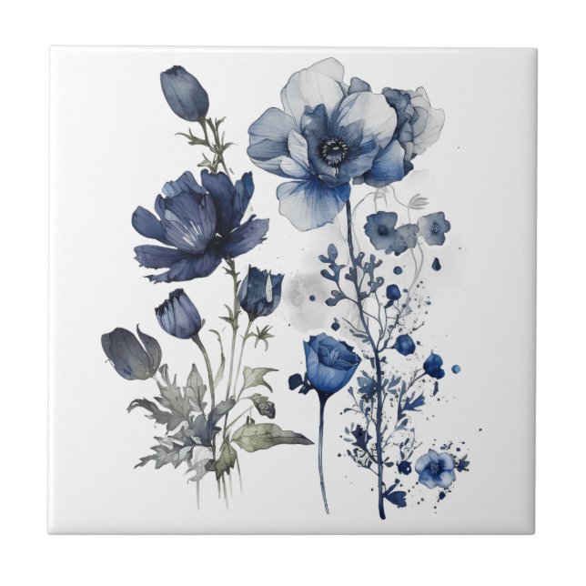 Blau-weiß Delft-Stil mit Wildblumen Fliese (Vorderseite)