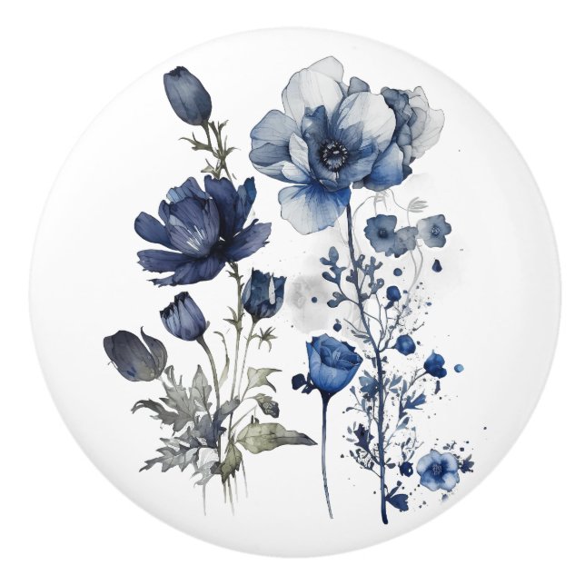 Blau-weiß Delft-Stil mit Wildblumen Keramikknauf (Vorderseite)