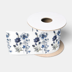 Blau-weiß Delft-Stil mit Wildblumen Satinband