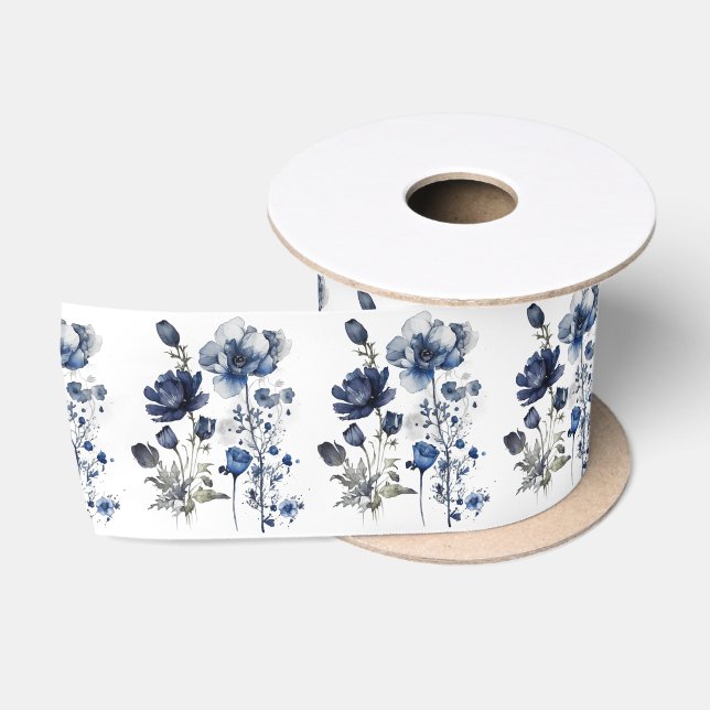 Blau-weiß Delft-Stil mit Wildblumen Satinband (Spule)