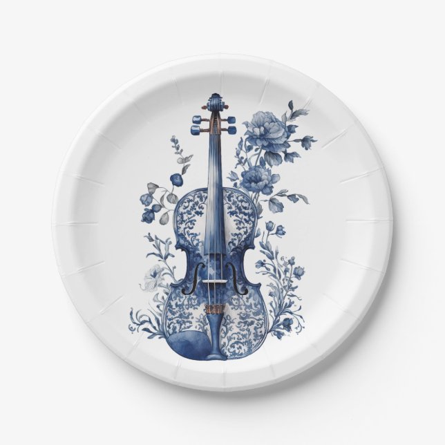 Blau-Weiß-Delft-Stil-Violine mit Blume Pappteller (Vorderseite)