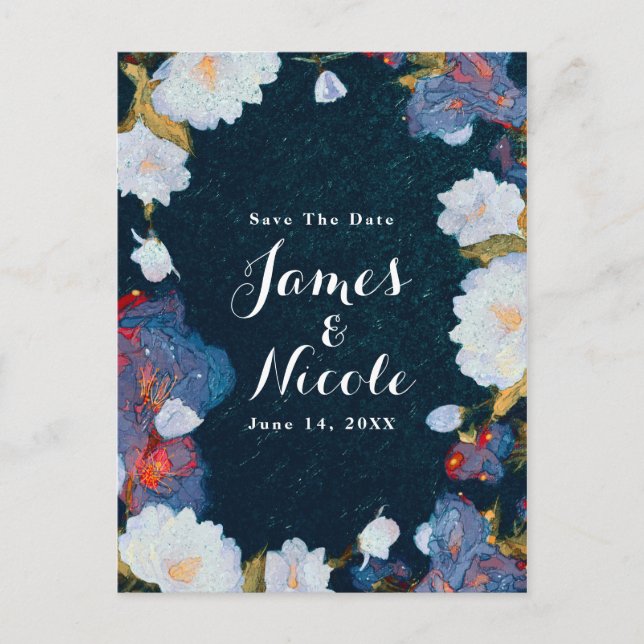 Blau & Weiß Elegant Modernes Floral Save the Date Ankündigungspostkarte (Vorderseite)