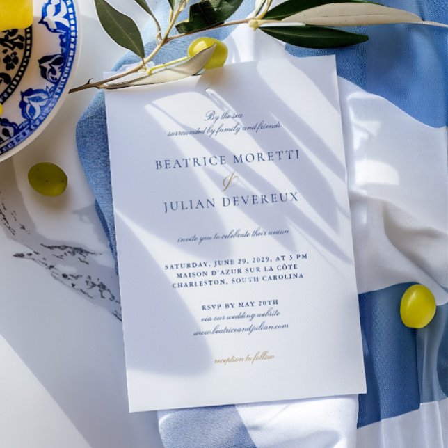 Blau & Weiß Elegante mediterrane UAWG Wedding Einladung (Blue & White Elegant Mediterranean RSVP Wedding Invitation)
