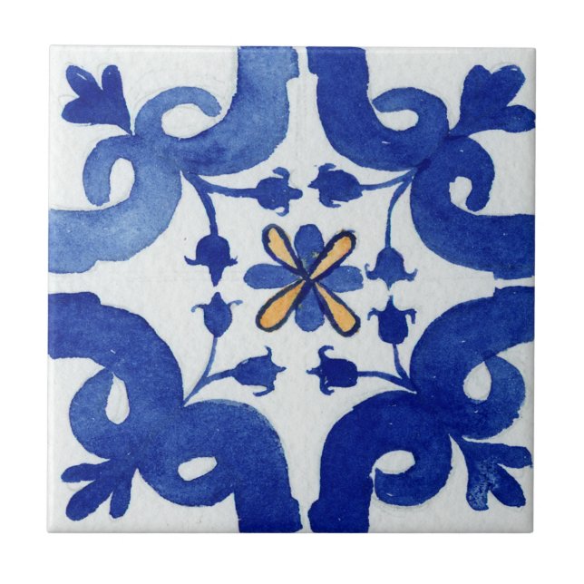 Blau-Weiß-Gelb-Blüten-Mittelmeer-Aquarell Fliese (Vorderseite)