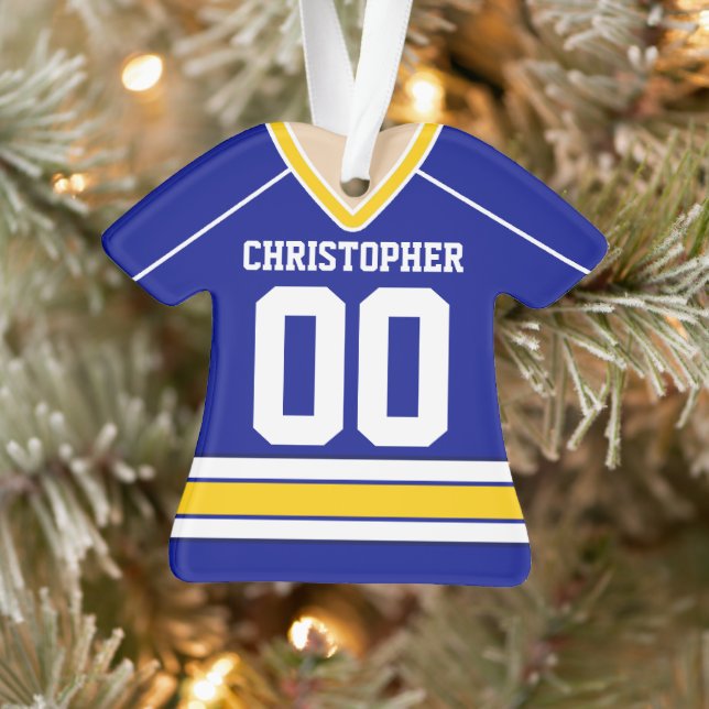 Blau/Weiß/Gelb Custom Hockey Jersey Ornament (Baum)