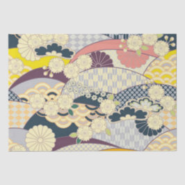 Blau Weiß Gelb Japanischer Kimono Blumendekoupage Seidenpapier