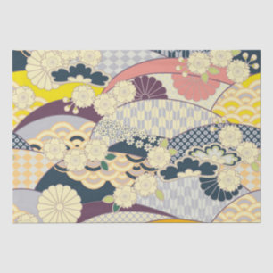 Blau Weiß Gelb Japanischer Kimono Blumendekoupage Seidenpapier