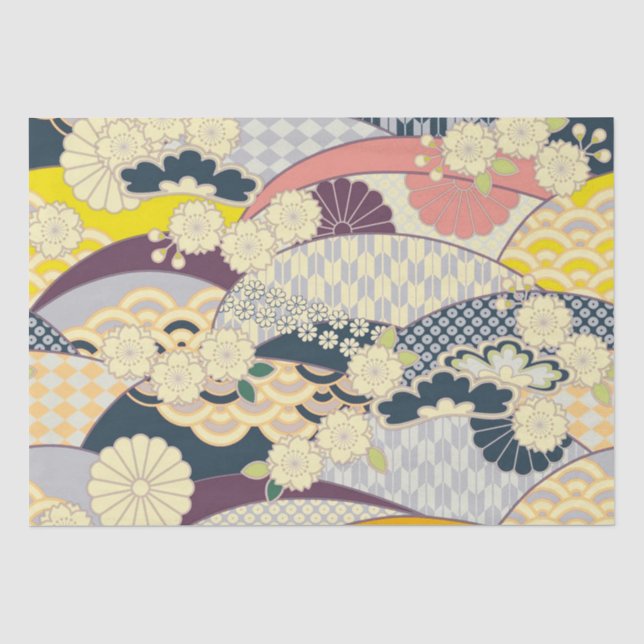Blau Weiß Gelb Japanischer Kimono Blumendekoupage Seidenpapier (Vorderseite)