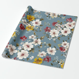 Blau Weiß Gelb Rot Ditsy Blumen Pastell Boho 70er Geschenkpapier