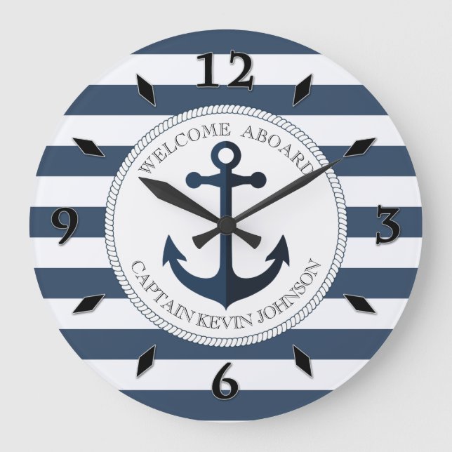 Blau-weiß gestreift mit personalisiertem Anker Große Wanduhr (Vorderseite)