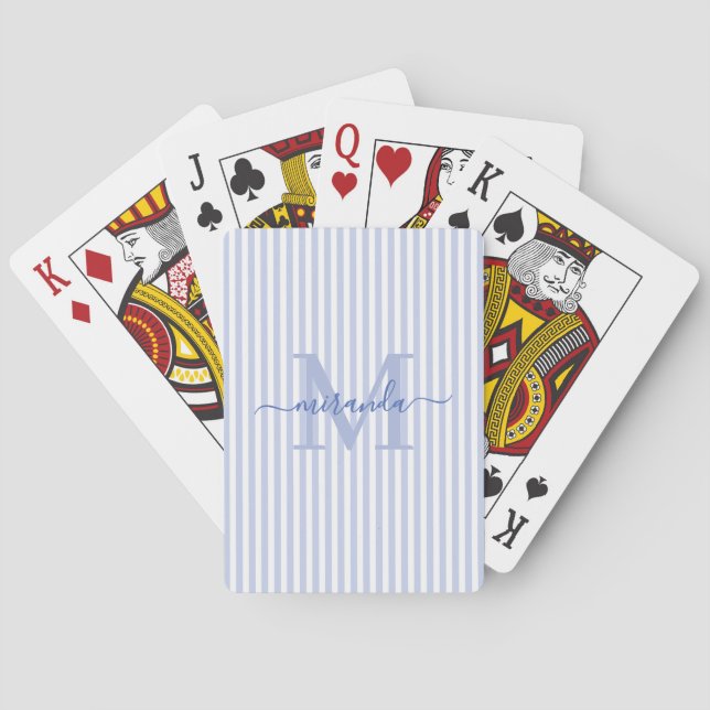 Blau-Weiß gestreifter Monogramm-Name Spielkarten (Rückseite)