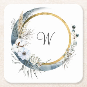 Blau Weiß Gold Florales Monogramm Boho Hochzeit Rechteckiger Pappuntersetzer