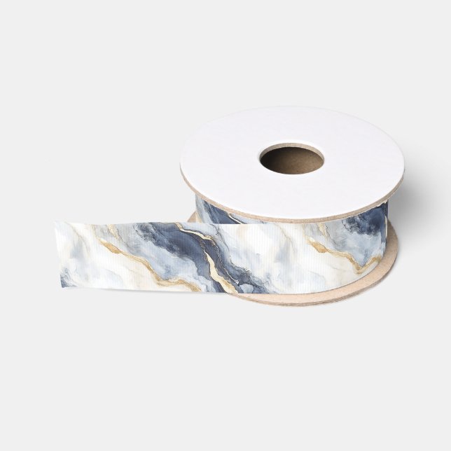 Blau Weiß Gold Wellig Abstrakt Ripsband (Spule)