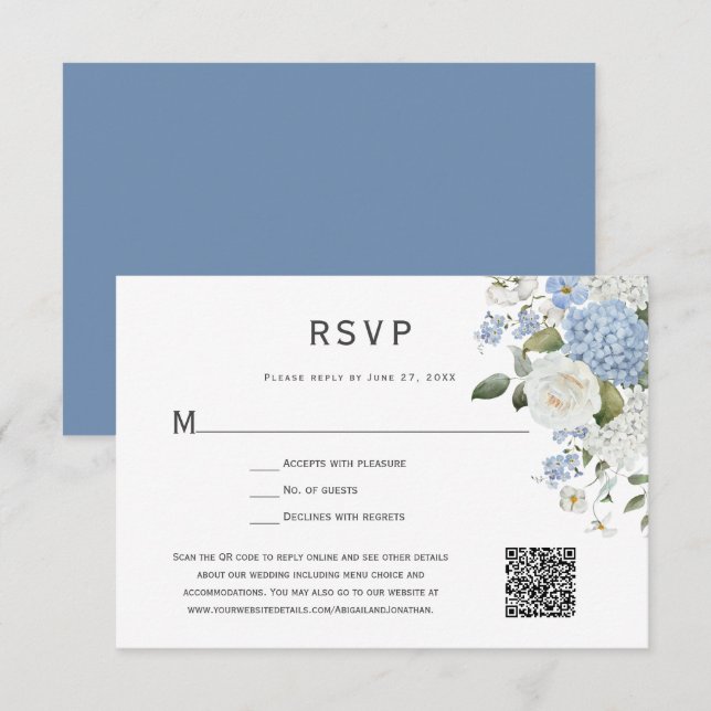 Blau-Weiß-Hydrangea, Weiße Rosen, Blüten RSVP Karte (Vorne/Hinten)