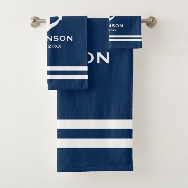 Blau-Weiß-individuelle Name der Nautikanker Badhandtuch Set (Insitu)