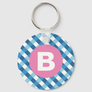 Blau-weiß kariert mit rosa Monogramm Schlüsselanhänger
