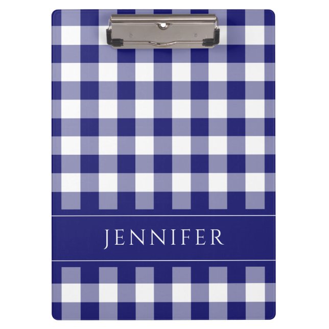 Blau-weiß kariertes Gingham-Muster Namensdruck Klemmbrett (Vorderseite)