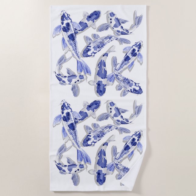 Blau-Weiß-Koi Strandtuch (Vorderseite)